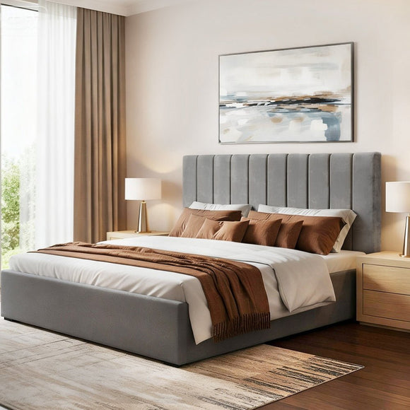 Artiss King Bed Frame with Storage Grey Velvet Headboard Gas Lift Platform Base - RnR Galore