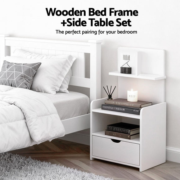 Artiss King Single Bed Frame and Bedside Table White - RnR Galore