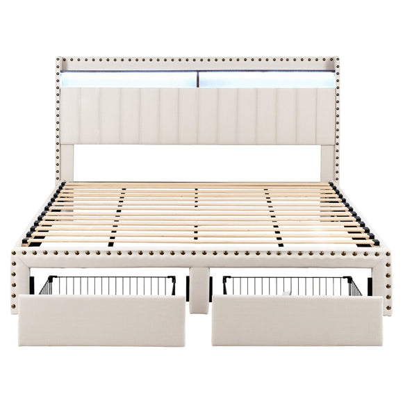 Artiss King Upholstered Bed Frame with Shelf Storage Drawers Charging Station Mood Lighting Linen - RnR Galore