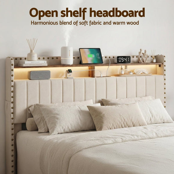 Artiss King Upholstered Bed Frame with Shelf Storage Drawers Charging Station Mood Lighting Linen - RnR Galore