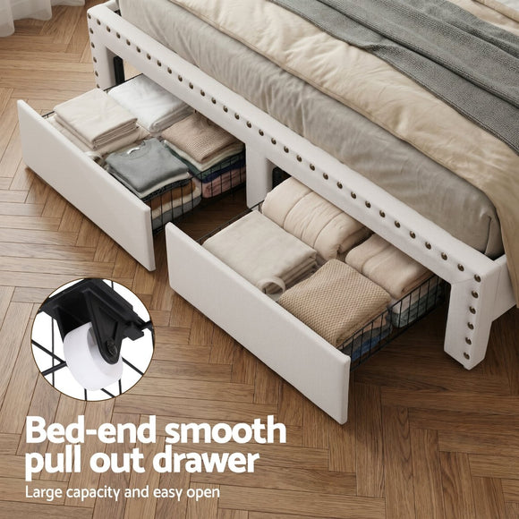 Artiss King Upholstered Bed Frame with Shelf Storage Drawers Charging Station Mood Lighting Linen - RnR Galore