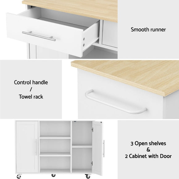 Artiss Kitchen Island Trolley Rolling Serving Cart Storage Drawer Cabinet 100cm White - RnR Galore