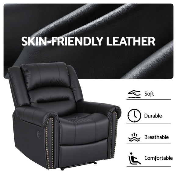 Artiss Leather Manual Recliner Chair with USB Charge Port, Overstuffed Armchair Sofa for Living Room and Nursery, Asjustable Theater Reclining Lounge with Comfortable Wide Seat, 150kg Capacity, Black - RnR Galore