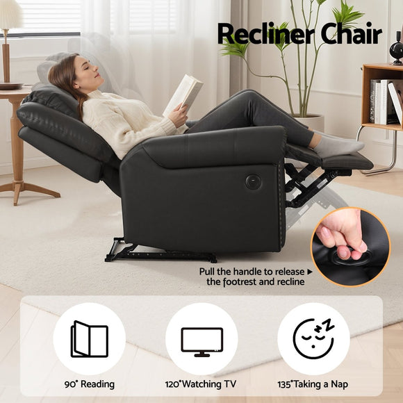 Artiss Leather Manual Recliner Chair with USB Charge Port, Overstuffed Armchair Sofa for Living Room and Nursery, Asjustable Theater Reclining Lounge with Comfortable Wide Seat, 150kg Capacity, Black - RnR Galore