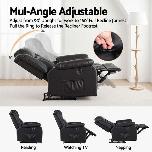 Artiss Manual Massage Recliner Chair for Living Room, Leather Sofa Lounge Reclining Chair with 2 USB Port, 160° Recline Reading Chair with 20CM Wide Armrests, 8 Point Vibration & Lumbar Heat, Black - RnR Galore