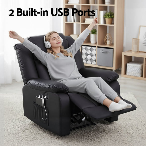 Artiss Manual Massage Recliner Chair for Living Room, Leather Sofa Lounge Reclining Chair with 2 USB Port, 160° Recline Reading Chair with 20CM Wide Armrests, 8 Point Vibration & Lumbar Heat, Black - RnR Galore