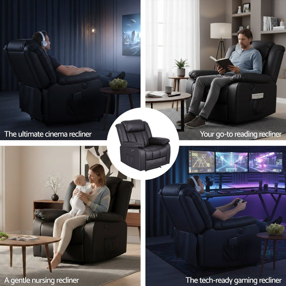 Artiss Manual Massage Recliner Chair for Living Room, Leather Sofa Lounge Reclining Chair with 2 USB Port, 160° Recline Reading Chair with 20CM Wide Armrests, 8 Point Vibration & Lumbar Heat, Black - RnR Galore