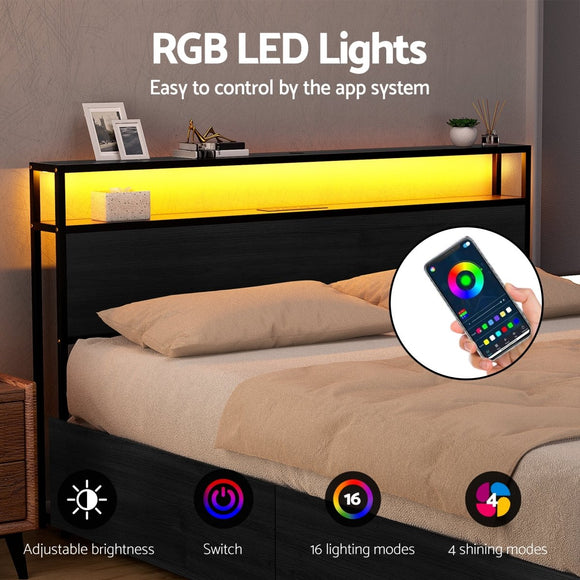 Artiss Metal Bed Frame King Size Storage Headboard Charge Station LED 4 Drawers - RnR Galore