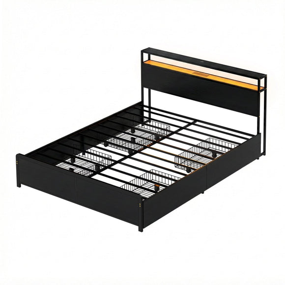Artiss Metal Bed Frame Queen Size Storage Headboard Charge Station LED 4 Drawers - RnR Galore