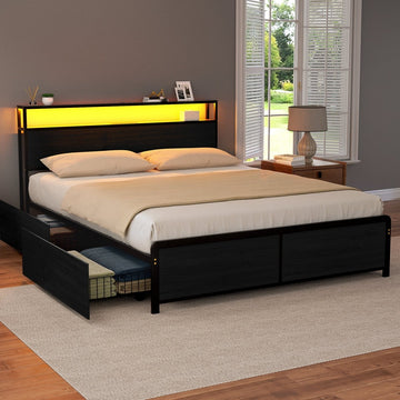 Artiss Metal Bed Frame Queen Size Storage Headboard Charge Station LED 4 Drawers - RnR Galore