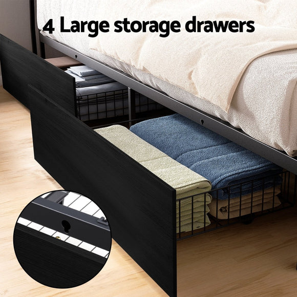 Artiss Metal Bed Frame Queen Size Storage Headboard Charge Station LED 4 Drawers - RnR Galore