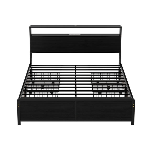 Artiss Metal Bed Frame Queen Size Storage Headboard Charge Station LED 4 Drawers - RnR Galore
