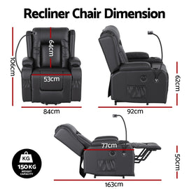 Artiss Power Lift Recliner Chair with Massage and Heat for Elderly, Electric Sofa Reclining Chair with USB and Phone Holder, PU Leather Comfy Armchair for Living Room, 2 Cup Holder & 4 Pockets, Black - RnR Galore