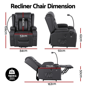 Artiss Power Lift Recliner Chair with Massage and Heat for Elderly, Electric Sofa Reclining Chair with USB and Phone Holder, PU Leather Comfy Armchair for Living Room, 2 Cup Holder & 4 Pockets, Black - RnR Galore