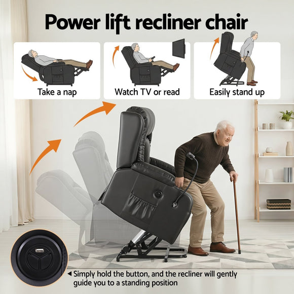 Artiss Power Lift Recliner Chair with Massage and Heat for Elderly, Electric Sofa Reclining Chair with USB and Phone Holder, PU Leather Comfy Armchair for Living Room, 2 Cup Holder & 4 Pockets, Black - RnR Galore