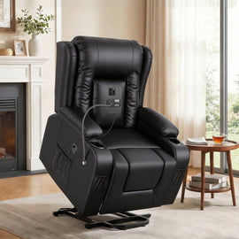 Artiss Power Lift Recliner Chair with Massage and Heat for Elderly, Electric Sofa Reclining Chair with USB and Phone Holder, PU Leather Comfy Armchair for Living Room, 2 Cup Holder & 4 Pockets, Black - RnR Galore