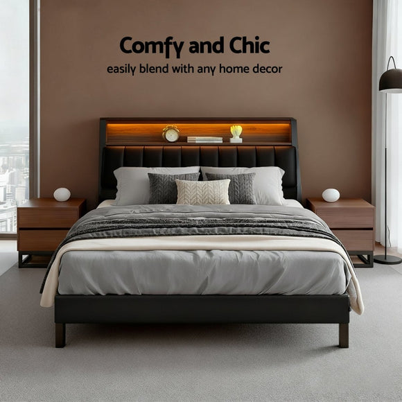 Artiss Queen Bed Frame LED Storage Headboard with Charging Station Black - RnR Galore