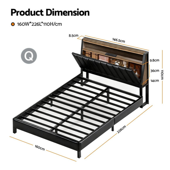Artiss Queen Bed Frame LED Storage Headboard with Charging Station Black - RnR Galore