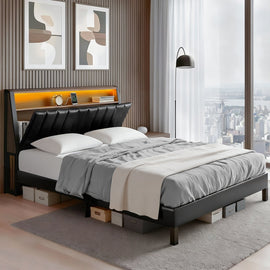 Artiss Queen Bed Frame LED Storage Headboard with Charging Station Black - RnR Galore