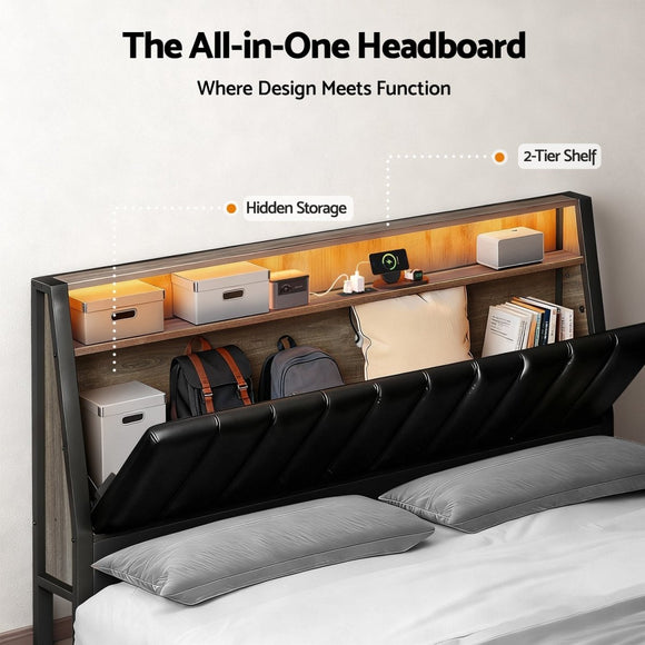 Artiss Queen Bed Frame LED Storage Headboard with Charging Station Black - RnR Galore