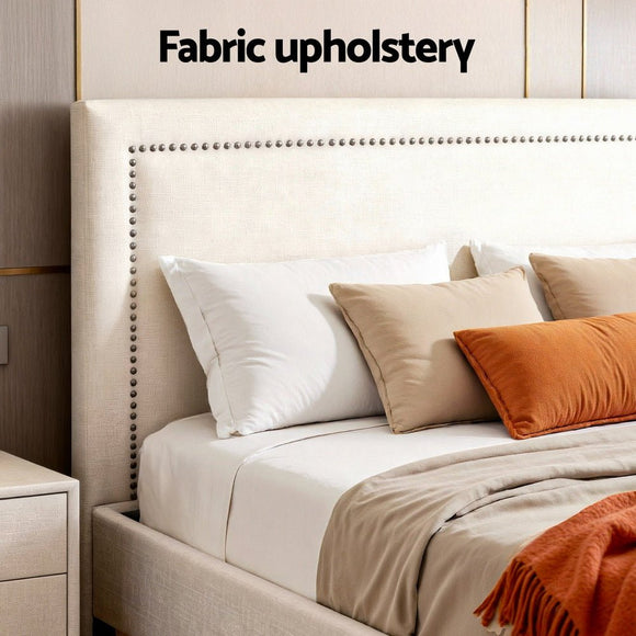 Artiss Queen Bed Frame Platform Bed Base Upholstered Headboard Linen Fabric Beige - RnR Galore
