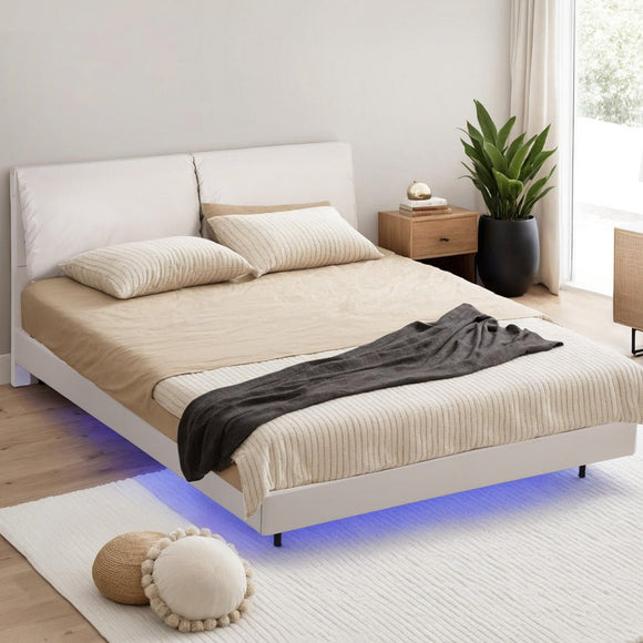 Artiss Queen Bed Frame RGB LED Floating Beds Adjustable Headboard Beige White - RnR Galore