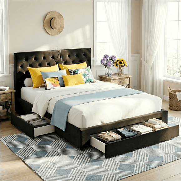 Artiss Queen Bed Frame Storage Charging Station Upholstered 3 Drawers USB Type - C - RnR Galore
