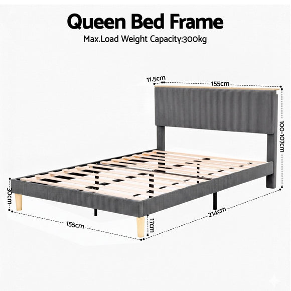 Artiss Queen Bed Frame Upholstered Adjustable Headboard Mood Lighting Heavy Duty Grey Velvet - RnR Galore