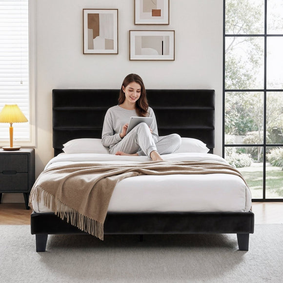 Artiss Queen Bed Frame Upholstered Platform Base with Geometric Headboard Black Velvet - RnR Galore
