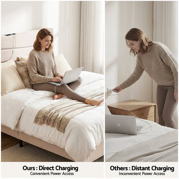 Artiss Queen Bed Frame with Storage Adjustable Headboard Platform Base Linen Fabric Charging Ports - RnR Galore