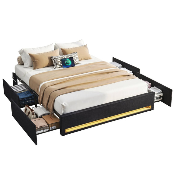 Artiss Queen Bed Frame with Storage Drawers RGB Lights Charging Station Upholstered Fabric - RnR Galore