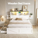 Artiss Queen Bed Frame with Storage Drawers White Platform Bedframe with Bookcase Headboard Charging Station Led Light - RnR Galore