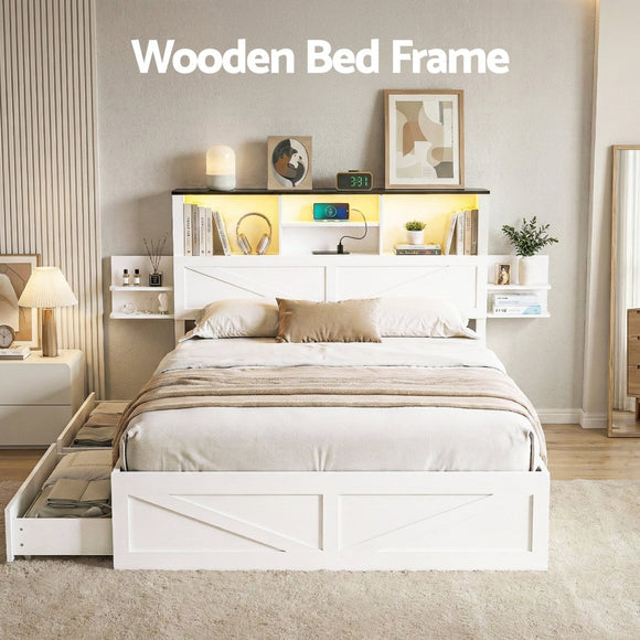 Artiss Queen Bed Frame with Storage Drawers White Platform Bedframe with Bookcase Headboard Charging Station Led Light - RnR Galore