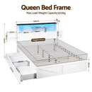 Artiss Queen Bed Frame with Storage Drawers White Platform Bedframe with Bookcase Headboard Charging Station Led Light - RnR Galore