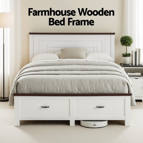 Artiss Queen Wooden Bed Frame with 2 Drawer Platform Bed with 108cm Solid High Headboard White Bed Base for Bedroom Easy Assembly - RnR Galore