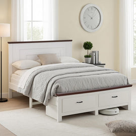 Artiss Queen Wooden Bed Frame with 2 Drawer Platform Bed with 108cm Solid High Headboard White Bed Base for Bedroom Easy Assembly - RnR Galore