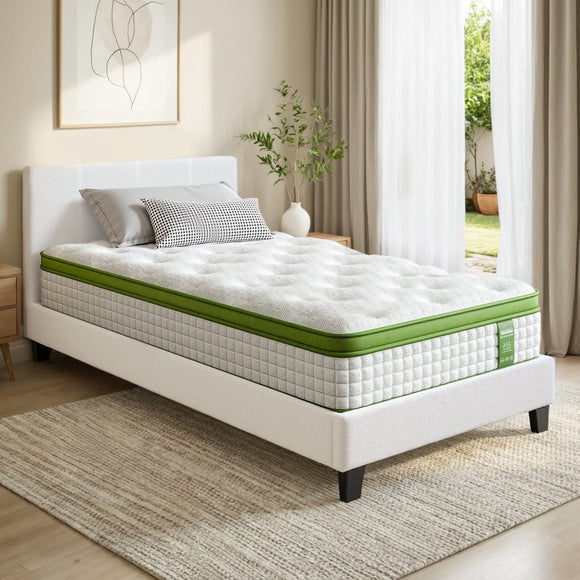 Artiss Single Bed Frame with Hybrid Mattress Set 30cm Medium Firm Platform Headboard Boucle Upholstered Pocket Coil for Pressure Relief - RnR Galore