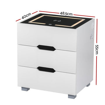 Artiss Smart Bedside Table 3 Drawers with Wireless Charging Ports LED White ADAD - RnR Galore