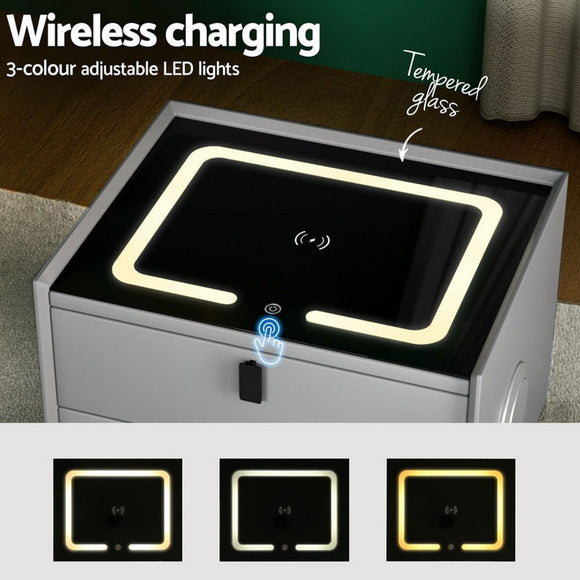 Artiss Smart Bedside Table with Wireless Charging - AIKA Grey - RnR Galore