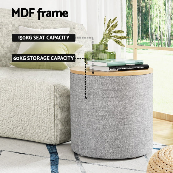 Artiss Storage Ottoman Blanket Box 40cm Linen Round Grey - RnR Galore