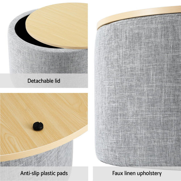 Artiss Storage Ottoman Blanket Box 40cm Linen Round Grey - RnR Galore