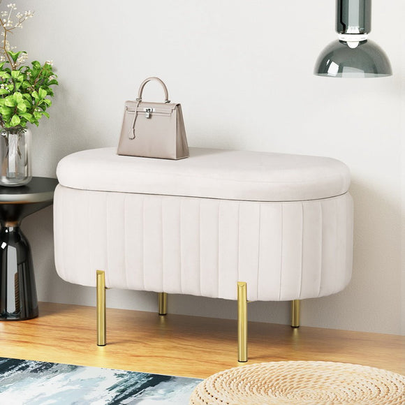 Artiss Storage Ottoman Blanket Box 87cm Velvet Oval White - RnR Galore