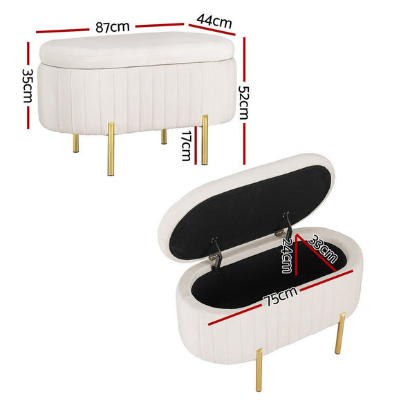 Artiss Storage Ottoman Blanket Box 87cm Velvet Oval White - RnR Galore