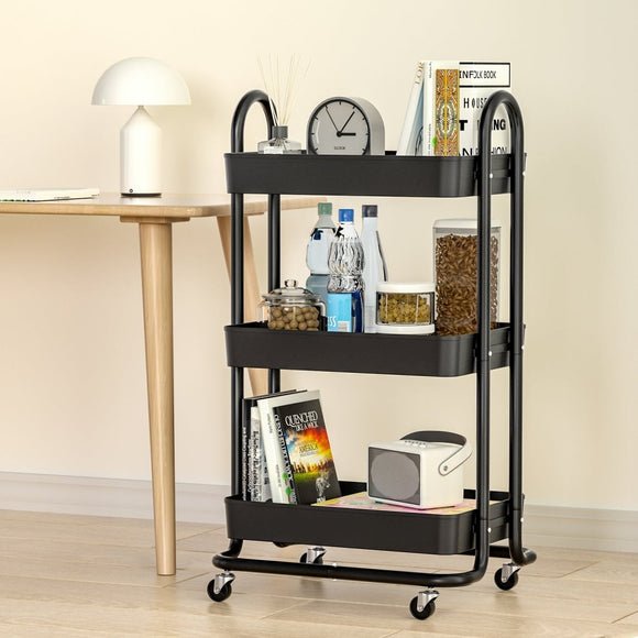 Artiss Storage Trolley Kitchen Cart 3 Tiers Rack Shelf Organiser Wheels Black - RnR Galore