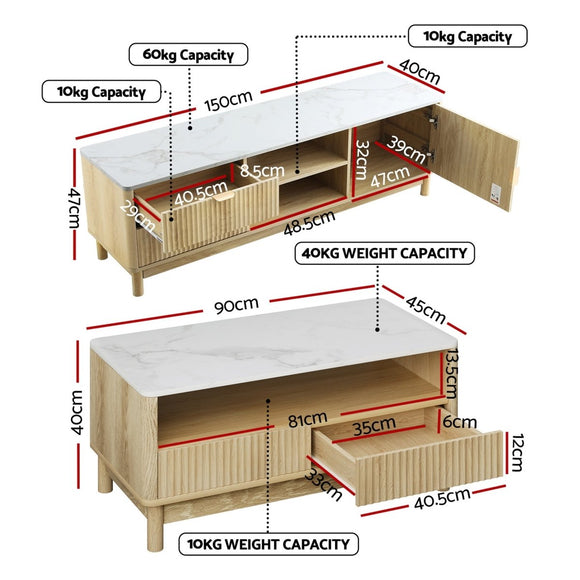 Artiss TV Unit & Coffee Table Set Storage Drawers Pine - RnR Galore
