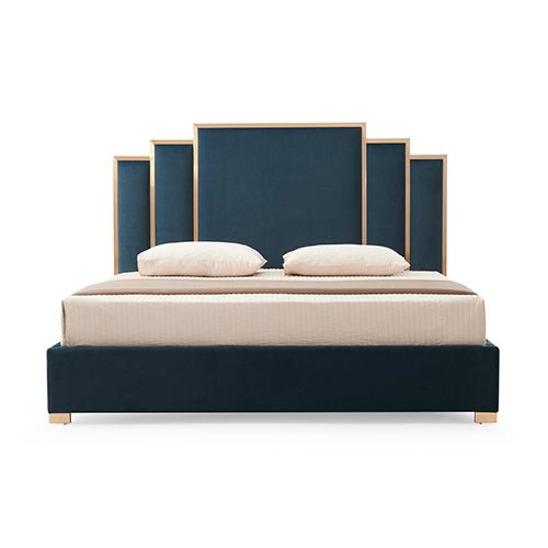 Austin Bed Frame Polyester Turquoise Fabric Padded Upholstery High Quality Slats Polished Stainless Steel Feet - RnR Galore