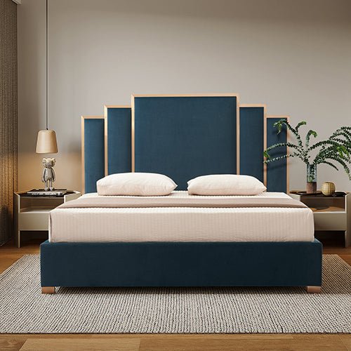 Austin Bed Frame Polyester Turquoise Fabric Padded Upholstery High Quality Slats Polished Stainless Steel Feet - RnR Galore