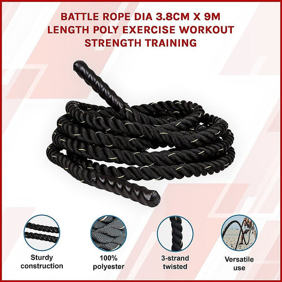 Battle Rope Dia 3.8cm x 9M length Poly Exercise Workout Strength Training - RnR Galore