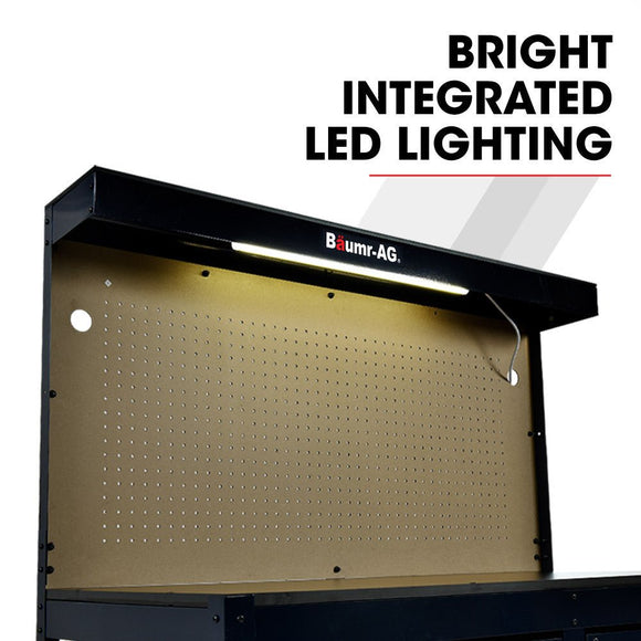 BAUMR - AG Steel Garage Workbench with LED Lights Pegboard Tool Storage Work Bench Workshop Table - RnR Galore