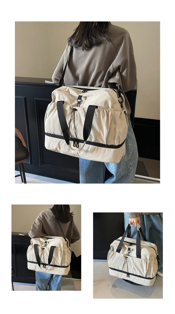 Beige and Black Large Capacity Travel Bag with Wet/Dry Separation - Canvas + Polyester, Lightweight Handbag for Short Trips and Fitness, Fits on Luggage - RnR Galore